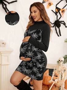 SHEIN Maternity Knitted Long Sleeve Patchwork Print & Solid Color Slim Fit Pregnancy Dress, For Fall And Winter For Halloween