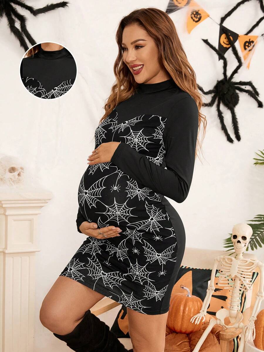 SHEIN Maternity Knitted Long Sleeve Patchwork Print & Solid Color Slim Fit Pregnancy Dress, For Fall And Winter For Halloween