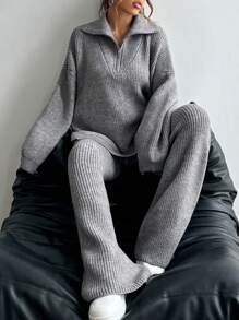 Flirla 2pcs Women's Solid Color Drop Shoulder Long Sleeve Zipper Mock Neck Loose Casual Sweater And Long Pants Set, Autumn & Winter Fall Cloth For Women - Grey - View 5