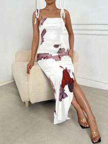 Chiquease Women's Spaghetti Strap Tie Front Floral Print Split Hem Dress - White - View 6