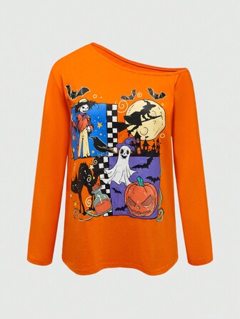 Camiseta suelta de cuello ladeado con gráficos de gato negro, calabaza y bruja de Halloween casual y linda para niñas adolescentes