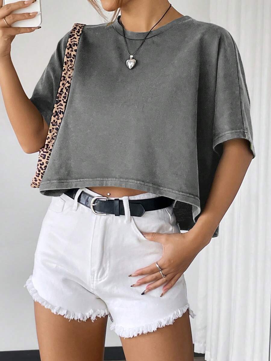 SHEIN Muchic Light Grey Textured Knit Oversized Tee Shirt For Women - Grey - View 1