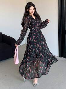 DAZY Vestido largo de manga larga con estampado floral completo de gasa para mujer, con volantes, ropa de otoño, ropa de vuelta al colegio, atuendos de vacaciones para mujer - Negro - Ver 1