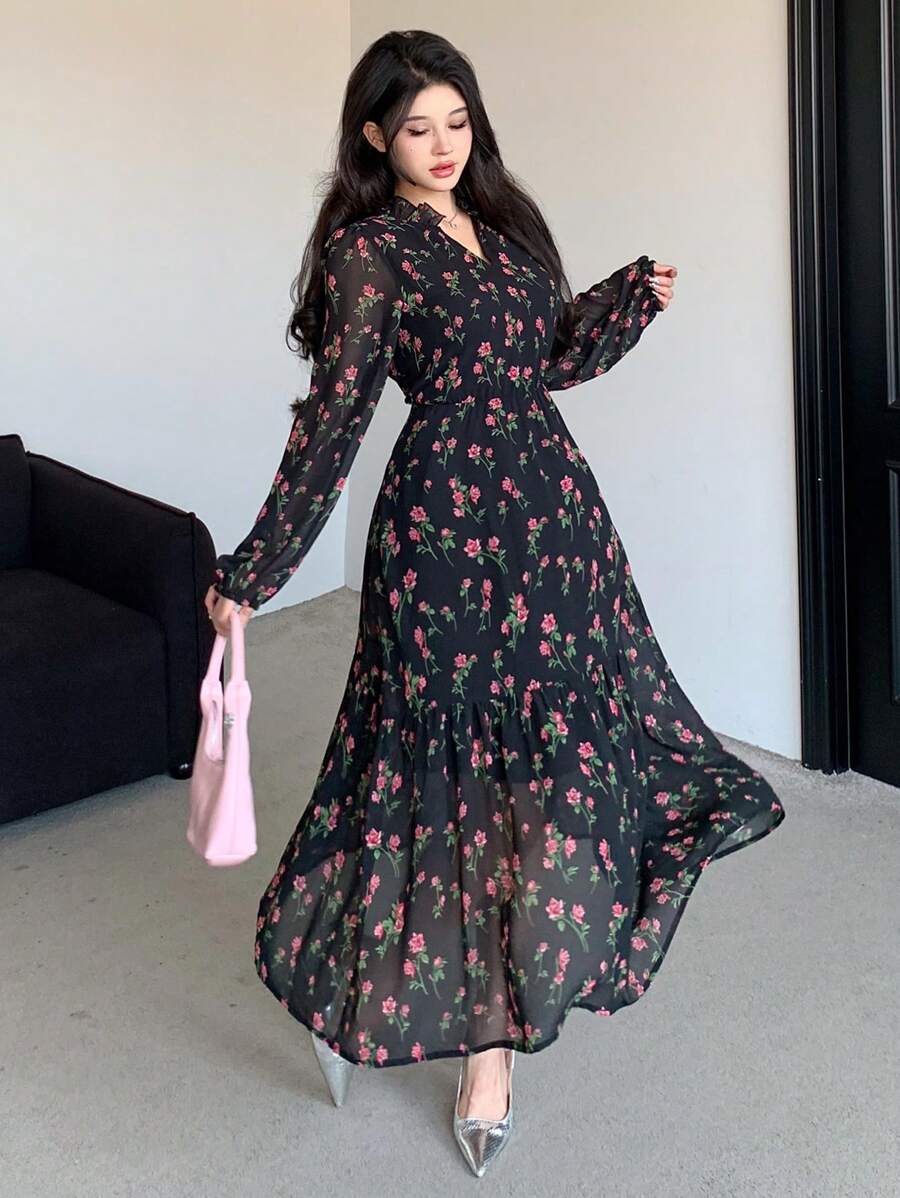 DAZY Vestido largo de manga larga con estampado floral completo de gasa para mujer, con volantes, ropa de otoño, ropa de vuelta al colegio, atuendos de vacaciones para mujer - Negro - Ver 1