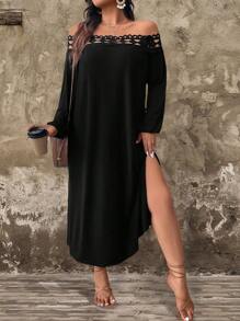 SHEIN LUNE Vestido de manga larga con escote con abertura, unicolor, aplicación de encaje y abertura lateral para talla grande - Negro - Ver 5