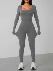 SHEIN PETITE Spring Scoop Neck  Long Sleeve Jumpsuit - Dark Grey - View 7