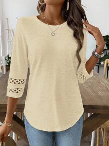 EMERY ROSE Plain Crew Neck Mid-Length Sleeve Casual T-Shirt - Apricot - View 5