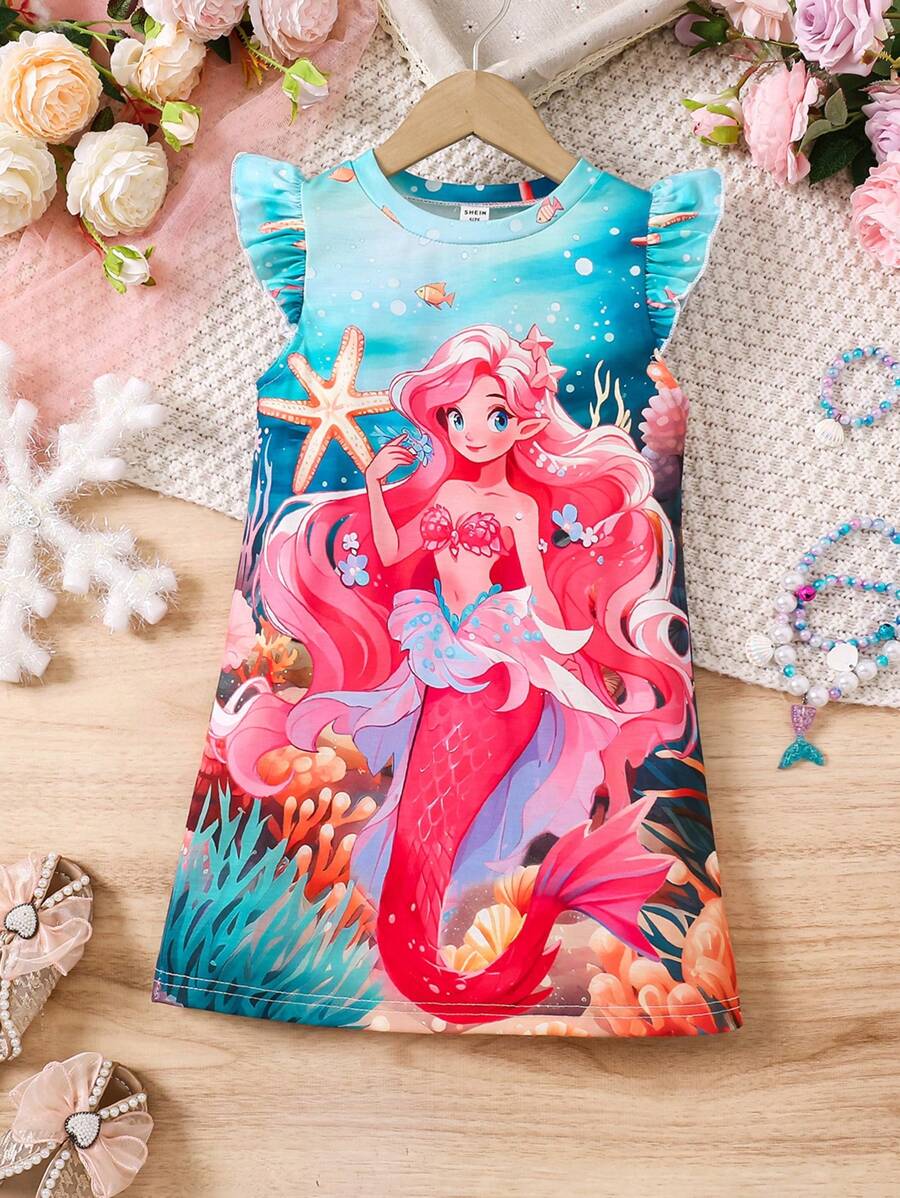 SHEIN Young Girl Casual Comfortable Breathable Cartoon Frozen Princess Cap Sleeve Printed T-Shirt Dress, For Outdoor - Multicolor - View 1