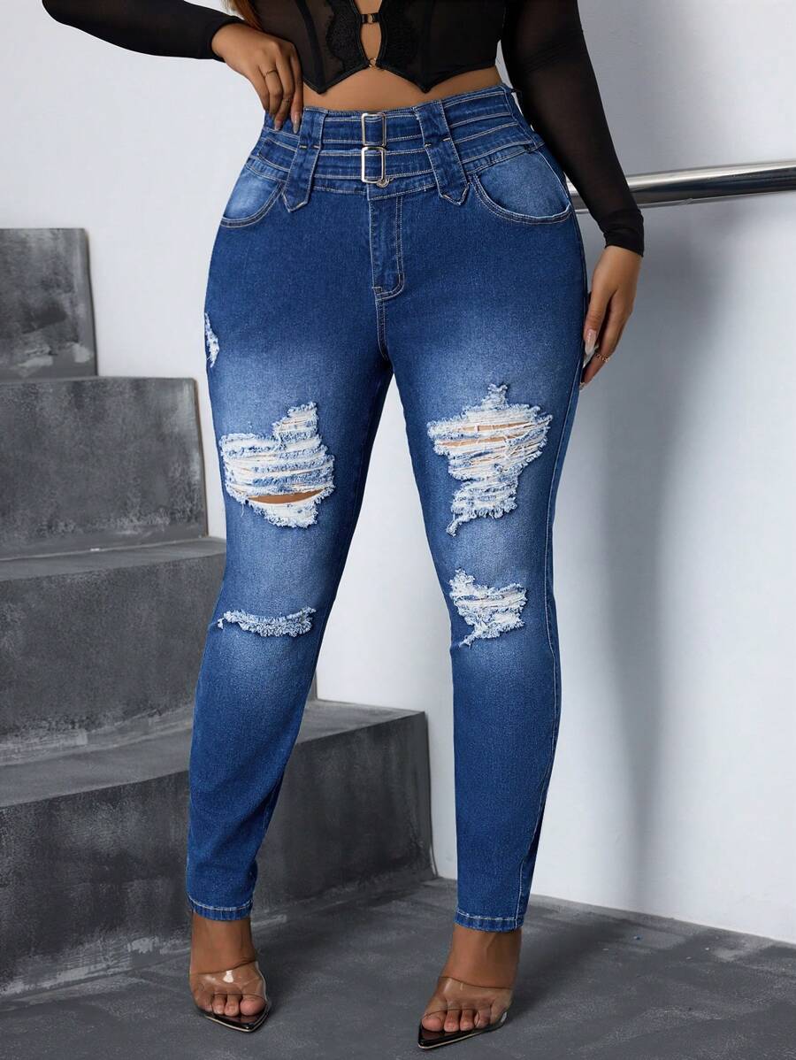 Slaydiva Plus Size Elastic Denim Skinny Ripped Jeggings - Dark Wash - View 1