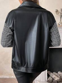 SHEIN LUNE Áo khoác Biker dáng rộng dành cho nữ có chi tiết chắp vá bằng vải tuýt, khóa kéo, thu đông - Đen và trắng - Xem 3