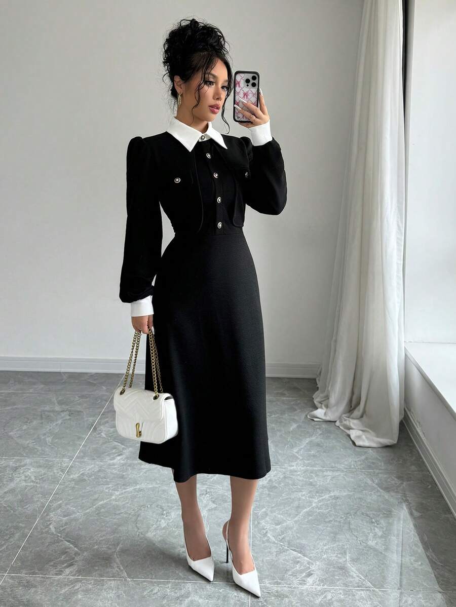 Selianne Đầm midi tay phồng phối màu thanh lịch dành cho nữ, trang phục maxi mùa xuân thu cho nữ. - Đen và trắng - Xem 1