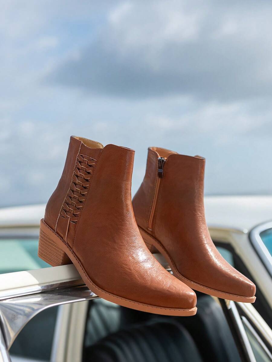 Styleloop Women's Fashion Solid Color Pointed Side Zipper Ankle Boots Simple Short Boots Fall - Brown - View 1