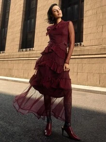 ZEYLAH DOBBY MESH TIE NECK LAYERED RUFFLE TRIM Dress