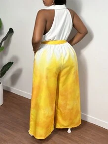 Slaydiva 大碼無袖漸層印花黃色連身裝，腰部綁帶和缺口領，女性夏季度假裝 - 黃色 - 查看 2