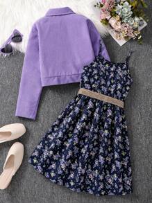 SHEIN Vintaside Kids Conjunto de 2 peças para meninas pré-adolescentes: jaqueta de cor sólida e vestido floral ditsy, primavera outono