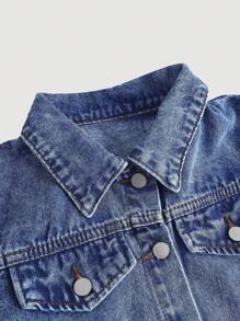 SHEIN Tween Girls Fashion Stonewashed 2pcs Blue Denim Jacket And Patch Pocket Denim Skirt Set, Girls Fall Clothes Back To School Outfits - Medium Wash - View 4