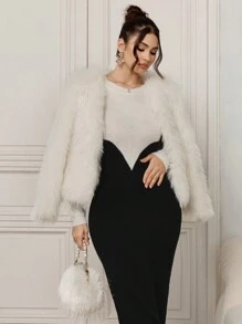 Modelyn Dames Herfst Elegante Colorblock Splice Getailleerde Trui Jurk