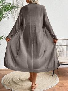 SHEIN LUNE Simple Plain Long Sleeve Long Cardigan, Casual Daily Wear - Mocha Brown - View 2