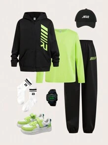 SHEIN Discounted Tween Boys' Clothing Set Including Oversized T-Shirt, Basic Shirt, Autumn & Winter Sports Zip-Up Sweatshirt, Pants, And T-Shirt Combo. Suitable For Daily And Casual Wear, College, Commuting, Traveling, And Sports. Ideal For Autumn/Winter Season. - Black - View 2