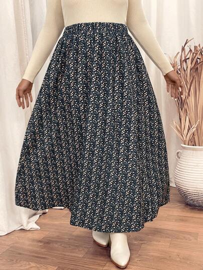 SHEIN VCAY Plus Size Floral Print Slit Hem Skirt