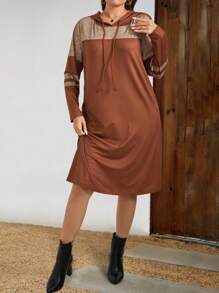 EMERY ROSE 大码秋季女式连衣裙 女士拼色抽绳连帽长袖休闲连衣裙 - 彩色 - 查看 4