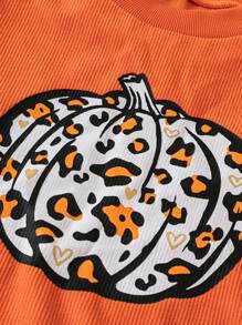 Chiquease Sudadera suelta de terciopelo con estampado de calabaza y leopardo para otoño - Naranja - Ver 4