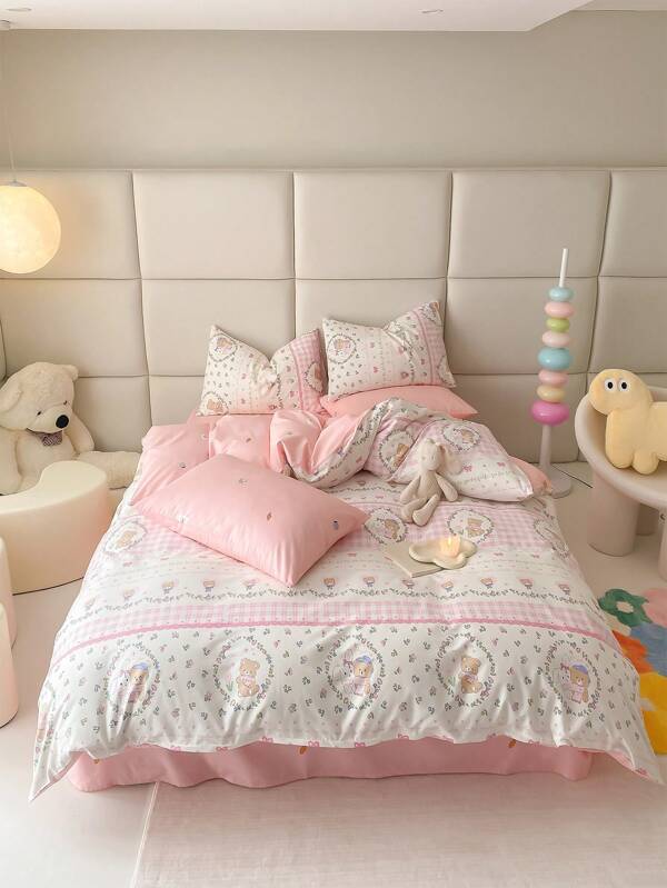Juego de ropa de cama de 3 piezas con estampado de oso y conejo, suave y cómodo, adecuado para el dormitorio