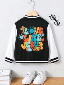 Young Boys Wool-Blend Zip-Up Hooded Jacket, With Contrast Ribbing On Collar, Cuffs And Hem, Graphic Letter Print On Back, And Colorblocked Sleeves, Warm And Fashionable For Outdoor, School Or Daily Wear In Spring, Autumn And Winter, Including Air Conditioned Rooms