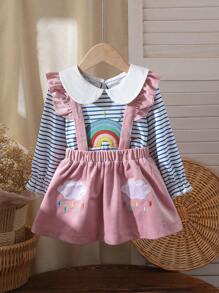 Baby Mädchen Set aus Langarm Top mit Regenbogen Stickerei, gestreift und Lätzchen Kleid - Pink - Übersicht 9