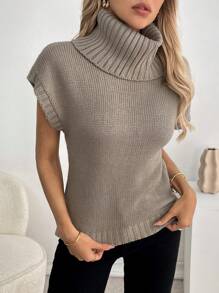 SHEIN LUNE 女式纯色高领针织毛衣，秋冬 - 灰色 - 查看 3