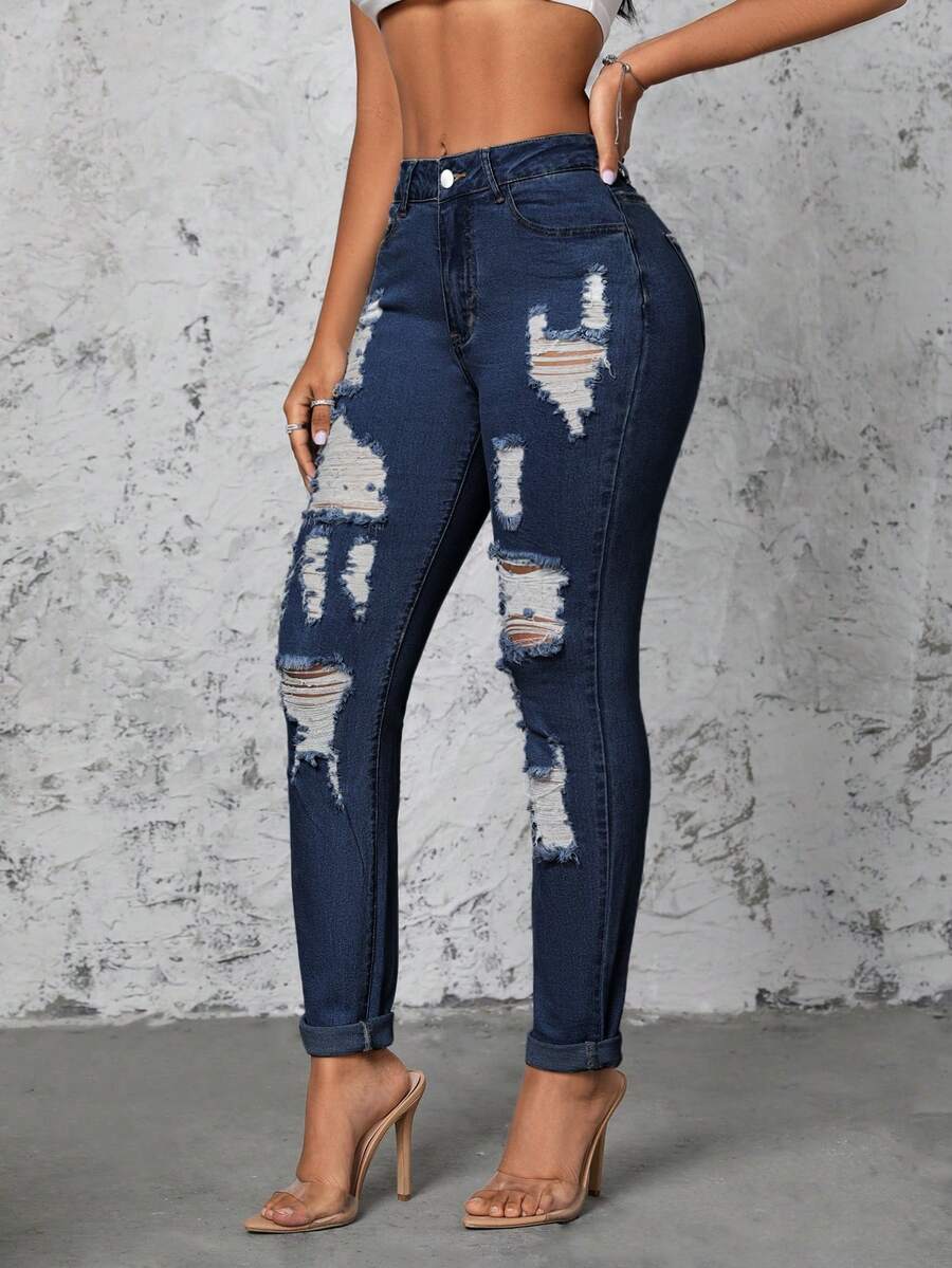 SHEIN SXY Quần Jeans Denim Skinny Thường Ngày Có Túi Cũ Cho Nữ - Rửa tối - Xem 1