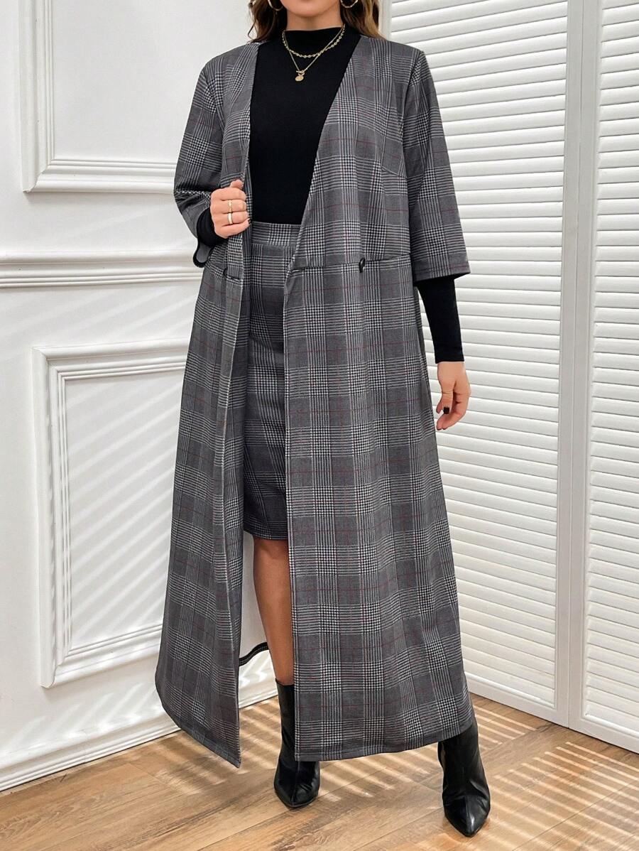 SHEIN Clasi Plus Size Women Grid Plaid Woolen Suit Set, Warm Business Attire For Teachers, Autumn Winter - Multicolor - View 1