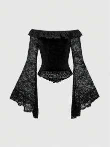 ROMWE Goth 哥特式宫廷风格十字装饰撞色蕾丝喇叭袖露肩天鹅绒女式衬衫，万圣节 - 黑色 - 查看 2