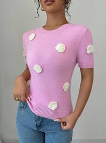 Chiquease Women's Crew Neck Short Sleeve 3D Flower Decor Casual Knitted Top - Violet Purple - View 6