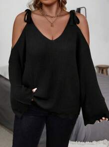 SHEIN LUNE Plus Size Solid Color Tie Front Open Shoulder Long Sleeve Casual Pullover Sweater Top Knit Pullover Fall Winter Autumn - Black - View 1