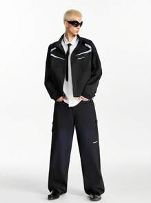 Manfinity VCAY Men's Street-Style Woven Panel Stand Collar Zip-Up Jacket, Suitable For Autumn/Winter - Black - View 8