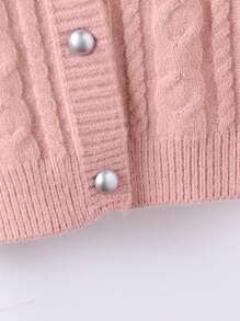 Girls Casual Versatile Retro Elegant Pink Cable Knit Design Warm V-Neck Button-Up Cardigan, Suitable For Daily Wear In Fall/Winter - Pink - View 4