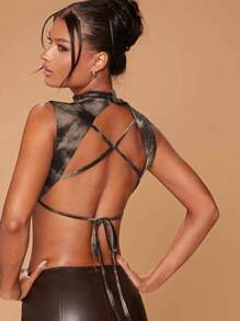 Hauture Open Back Tie Dye Print Flocking Top , Backless Top - Coffee Brown - View 1