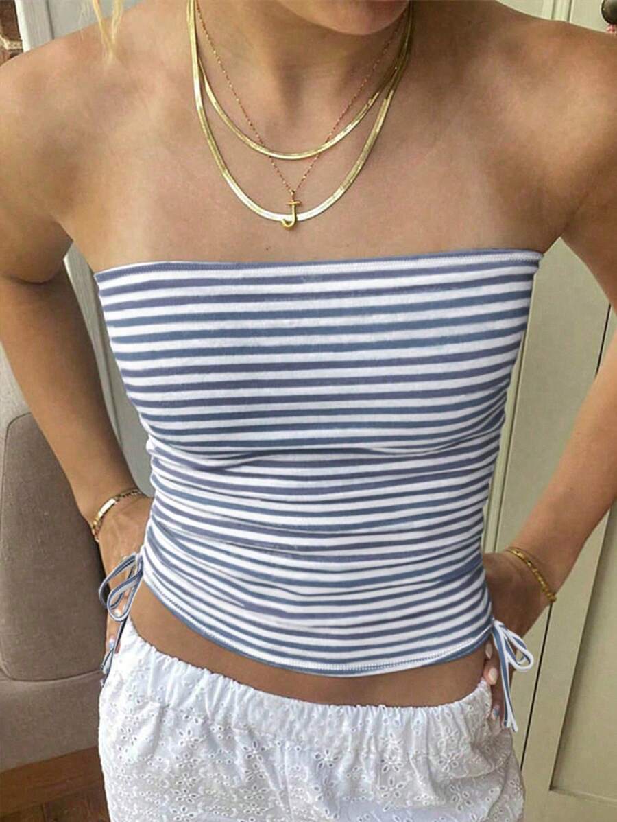 Chiquease Women's Fashionable Bandeau Backless Striped Design Tie-Up Blouse - Blue and White - View 1