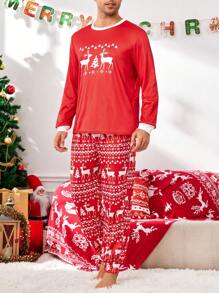 CoupledUp 圣诞元素印花套头长袖上衣和长裤男士睡衣套装，秋冬服装 - 紅色 - 查看 3