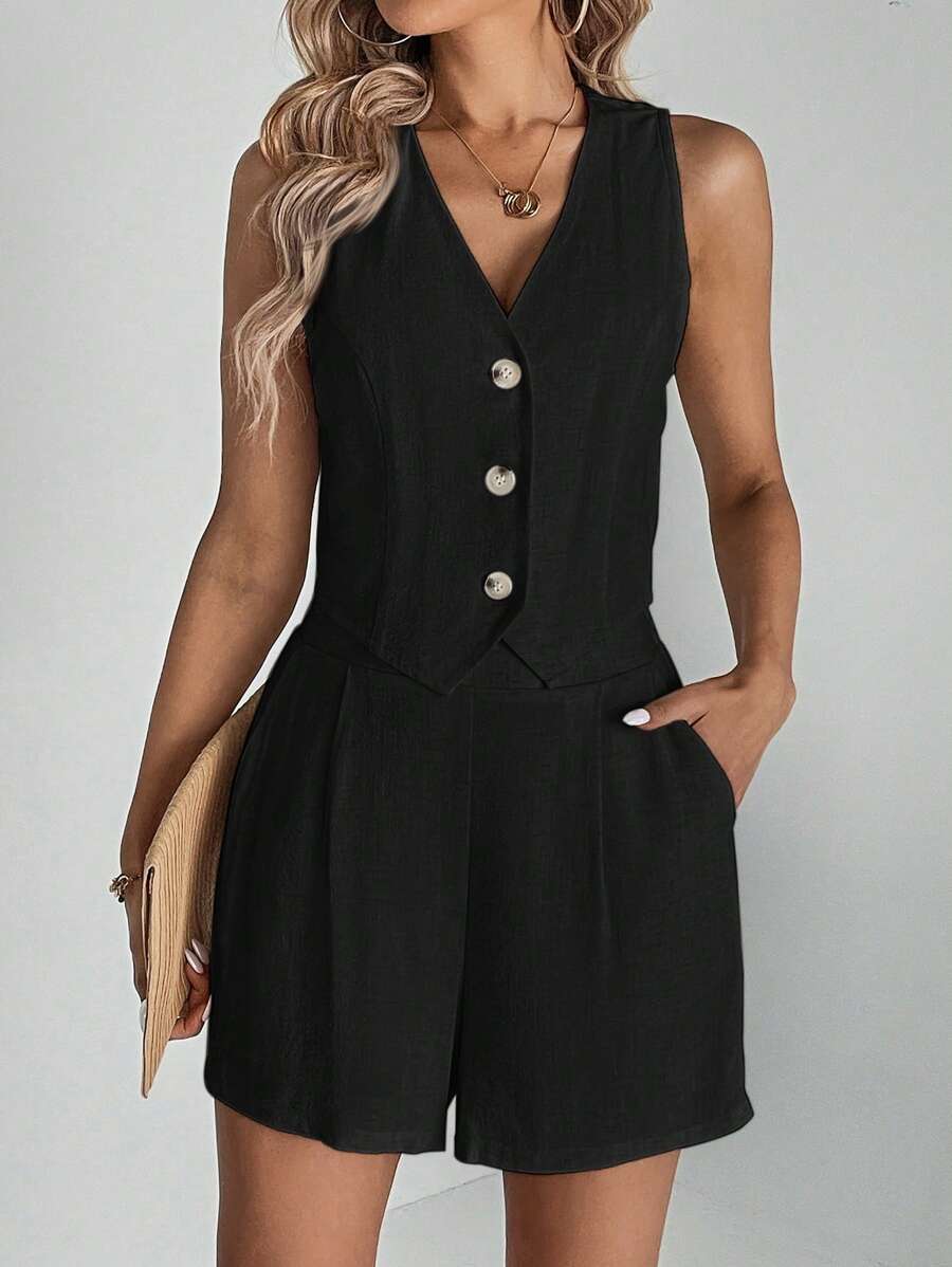SHEIN Tall Solid Color Casual Vest Shorts Suit - Black - View 1