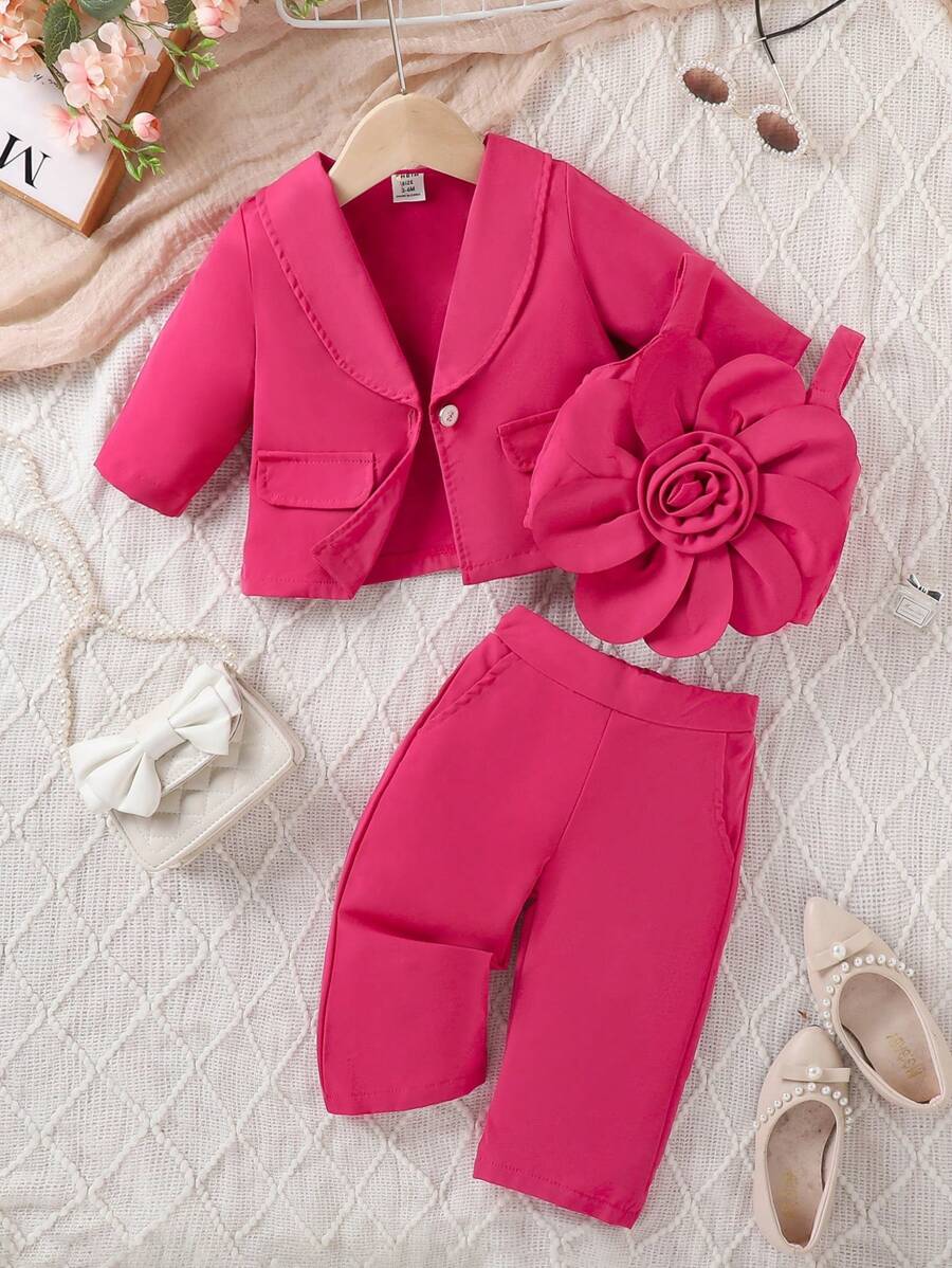 3pcs/Set Baby Girl Elegant Floral Front Casual Outfits, Spring & Fall - Hot Pink - View 1
