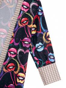 Plus-Size Women's Lip Pattern Printed Long Casual Jacket - Multicolor - View 6