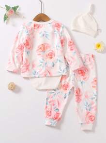 3 Stück/Set Baby Mädchen Blumen Jacke, Hose mit elastischem Bund Outfit und Bodysuit mit Hut, Herbst - Weiss - Übersicht 2