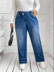 SHEIN Essnce Quần Jeans ống đứng màu xanh thường ngày cỡ lớn - Màu xanh lam - Xem 3