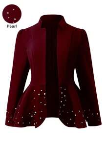 SHEIN Clasi Plus Size Elegant Pearl Embellished Blazer, Autumn - Burgundy - View 1