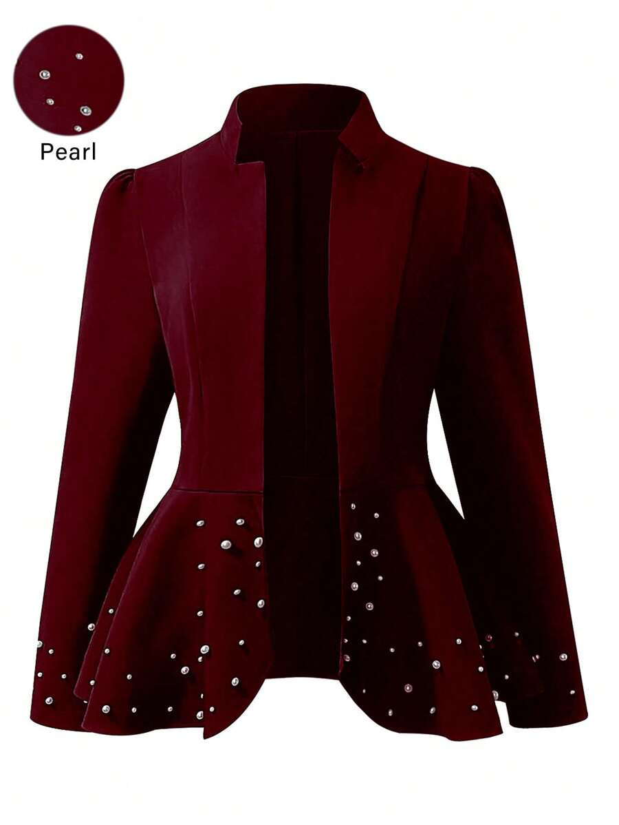 SHEIN Clasi Plus Size Elegant Pearl Embellished Blazer, Autumn - Burgundy - View 1