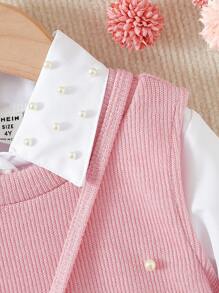 Elladie kids 3pcs/Set Young Girl Elegant Outfit - Collared Solid Shirt Dress And Beaded Vest And Beaded Sling Bag, Spring/Fall - Pink - View 7