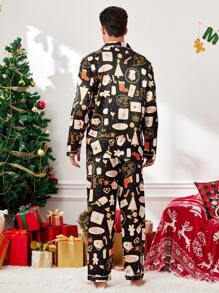 CoupledUp Regalos de Navidad para la pareja, conjunto de pijama de satén estampado para hombres - Negro - Ver 3