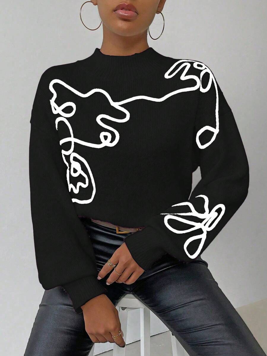 RosyDaze Women's Patterned Loose Round Neck Drop Shoulder Casual Knit Sweater, Autumn Winter,Long Sleeve Tops, Knit Pullover Fall - Black and White - View 1